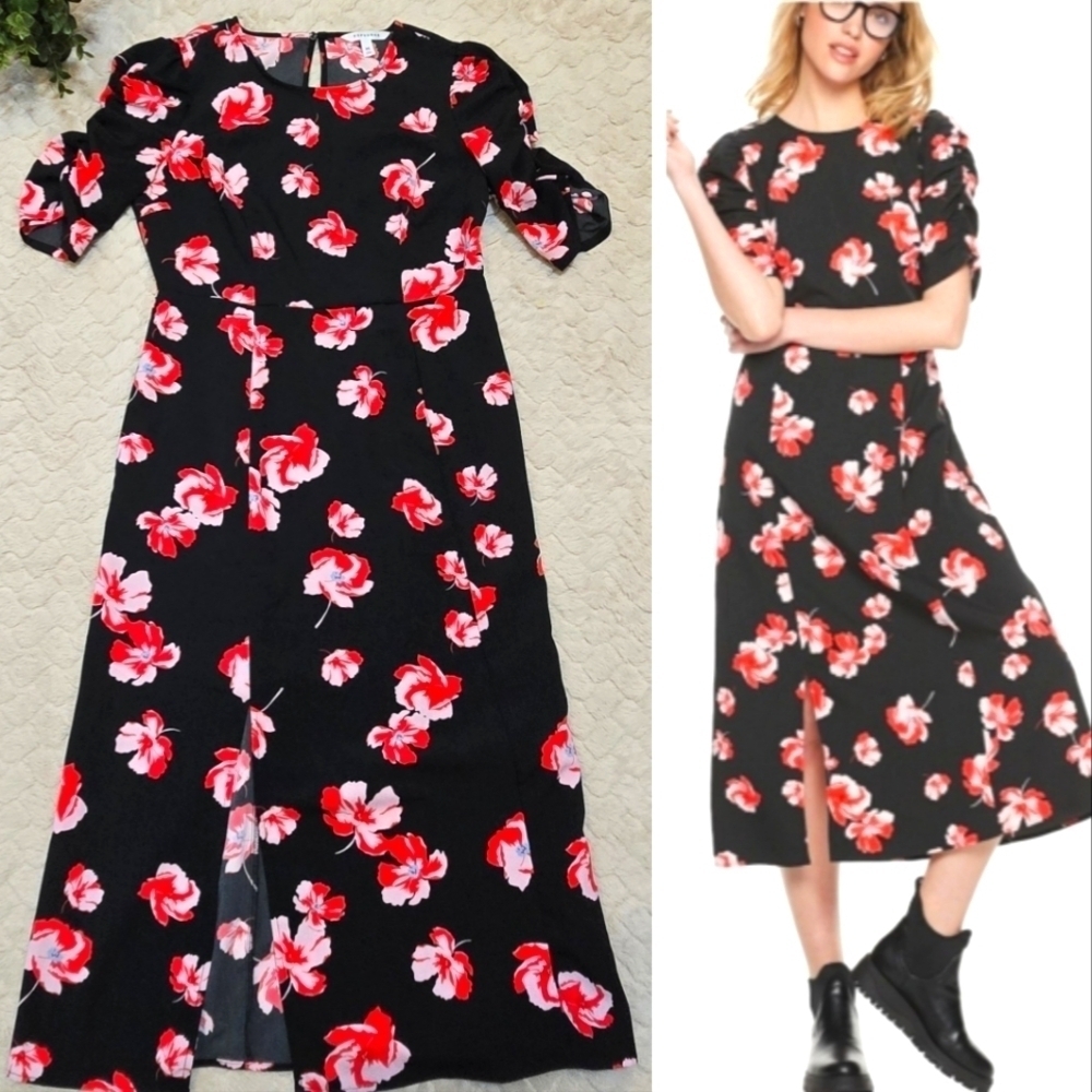 POPSUGAR Black and Red Floral Midi-Dress, Size Medium